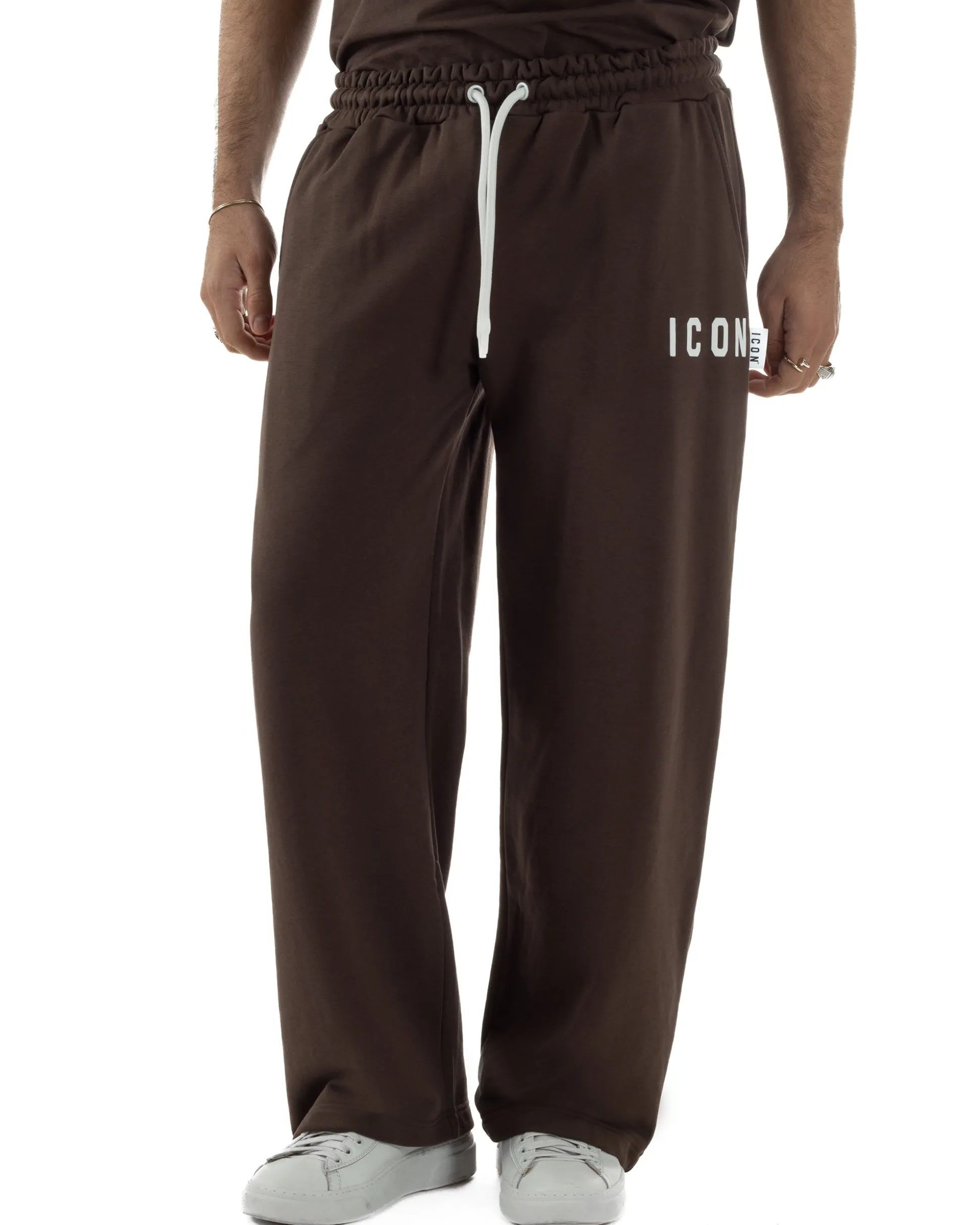 Pantaloni uomo baggy pantalaccio tuta cotone basic logo marrone ICON IUP001