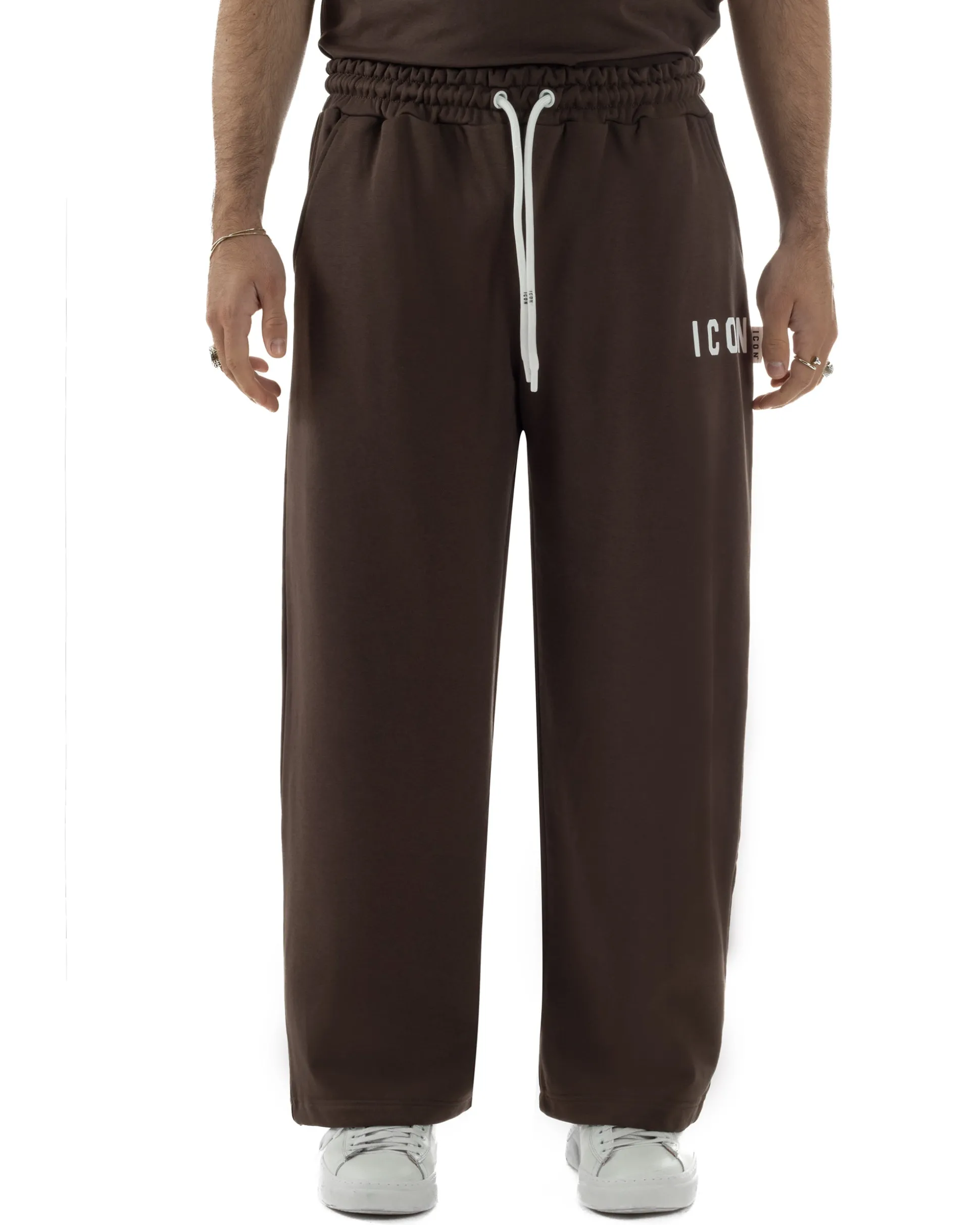 Pantaloni uomo baggy pantalaccio tuta cotone basic logo marrone ICON IUP001
