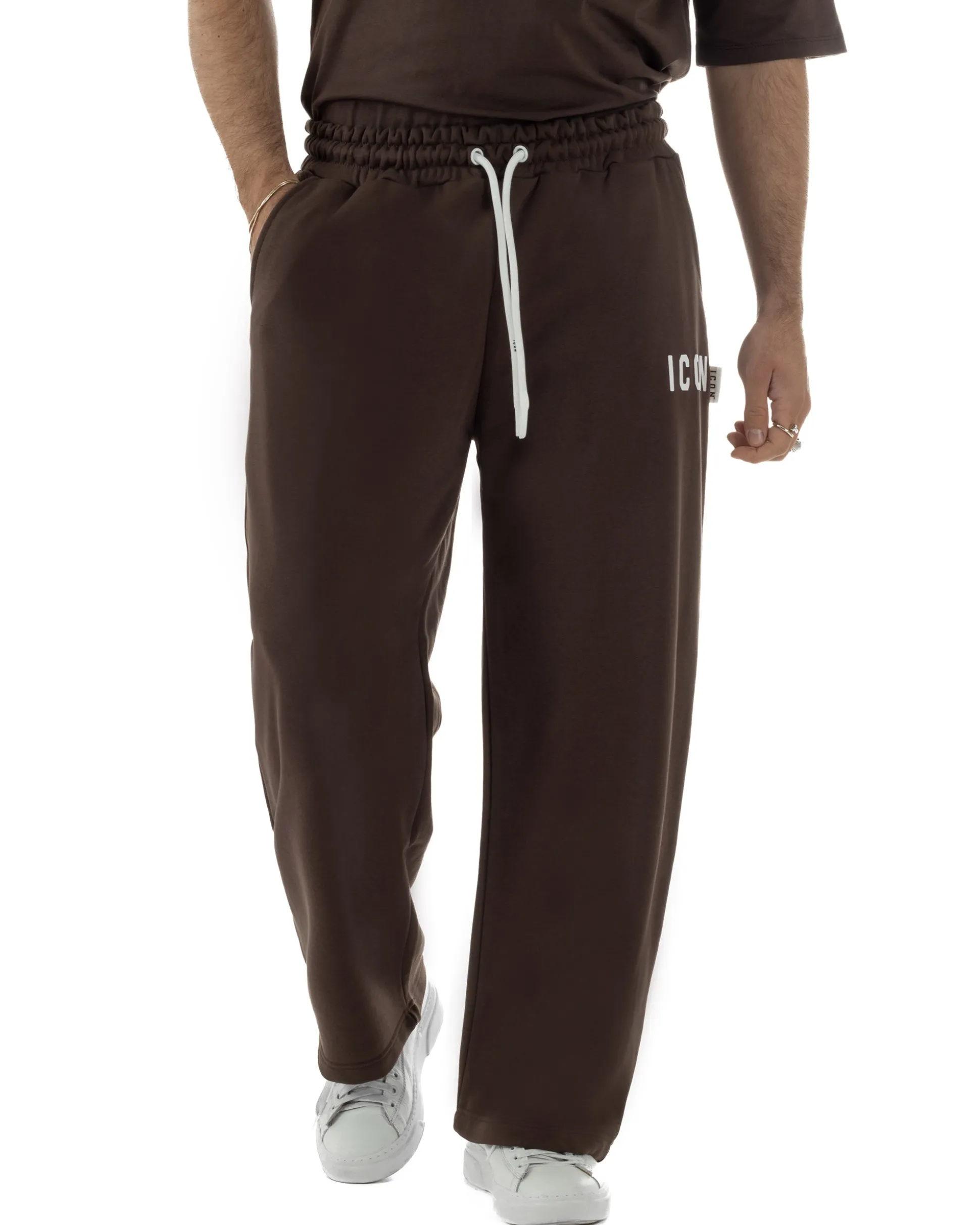 Pantaloni uomo baggy pantalaccio tuta cotone basic logo marrone ICON IUP001