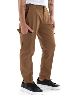 Pantaloni Uomo Cargo Cotone Tasconi Basic Tinta Unita Camel Casual GIOSAL-P5567A
