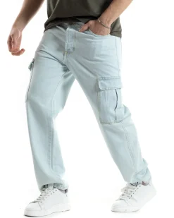Pantaloni Uomo Cargo Tasconi Jeans Baggy Denim Chiaro Fondo Largo Ampio Casual GIOSAL-JS1020A