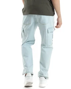 Pantaloni Uomo Cargo Tasconi Jeans Baggy Denim Chiaro Fondo Largo Ampio Casual GIOSAL-JS1020A