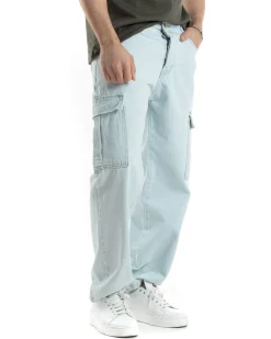 Pantaloni Uomo Cargo Tasconi Jeans Baggy Denim Chiaro Fondo Largo Ampio Casual GIOSAL-JS1020A