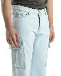 Pantaloni Uomo Cargo Tasconi Jeans Baggy Denim Chiaro Fondo Largo Ampio Casual GIOSAL-JS1020A