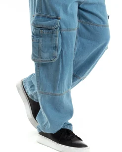 Pantaloni Uomo Cargo Tasconi Jeans Baggy Carpenter Oversize Denim Fondo Largo Ampio GIOSAL-JS1028A