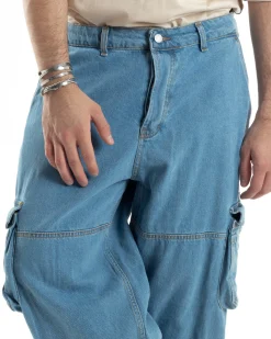 Pantaloni Uomo Cargo Tasconi Jeans Baggy Carpenter Oversize Denim Fondo Largo Ampio GIOSAL-JS1028A