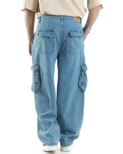 Pantaloni Uomo Cargo Tasconi Jeans Baggy Carpenter Oversize Denim Fondo Largo Ampio GIOSAL-JS1028A
