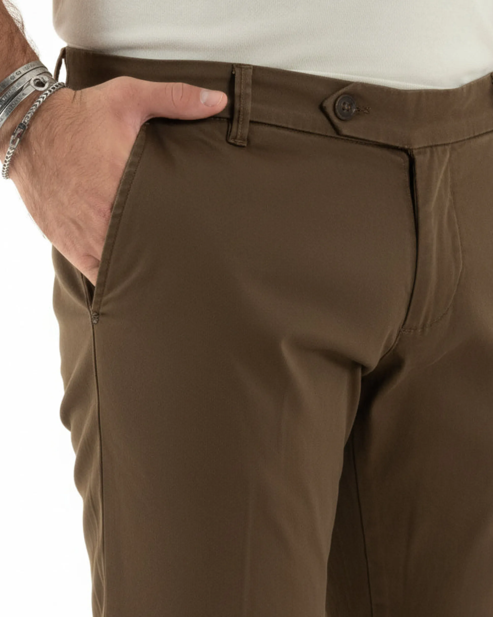 Pantaloni uomo chino abbottonatura allungata tasche america capri cotone estivo slim marrone BlackSunday P6488A
