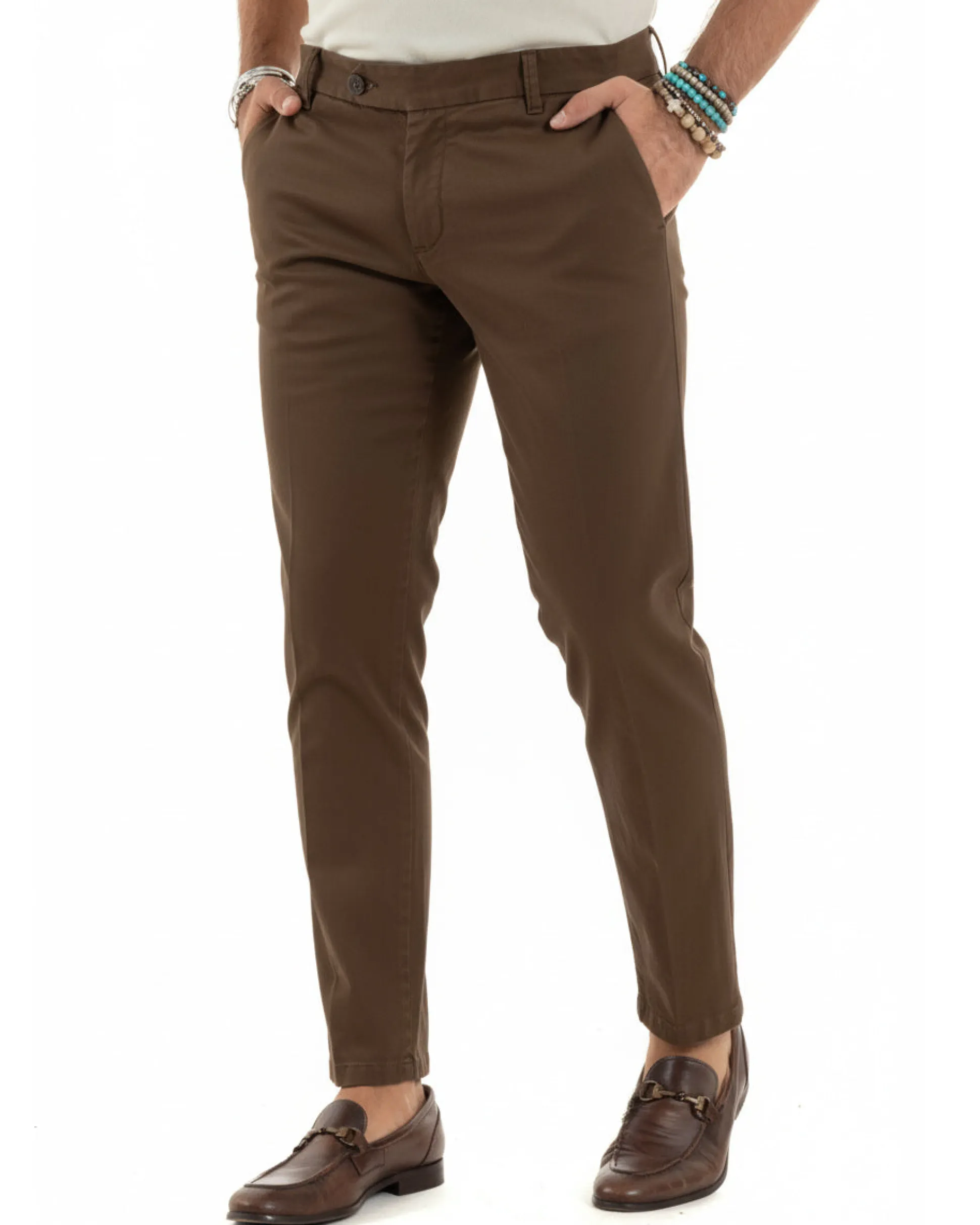 Pantaloni uomo chino abbottonatura allungata tasche america capri cotone estivo slim marrone BlackSunday P6488A