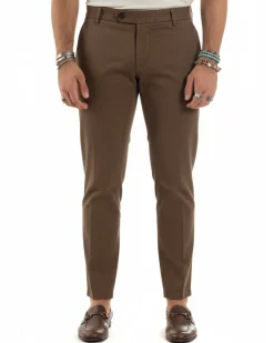 Pantaloni uomo chino abbottonatura allungata tasche america capri cotone estivo slim marrone BlackSunday P6488A