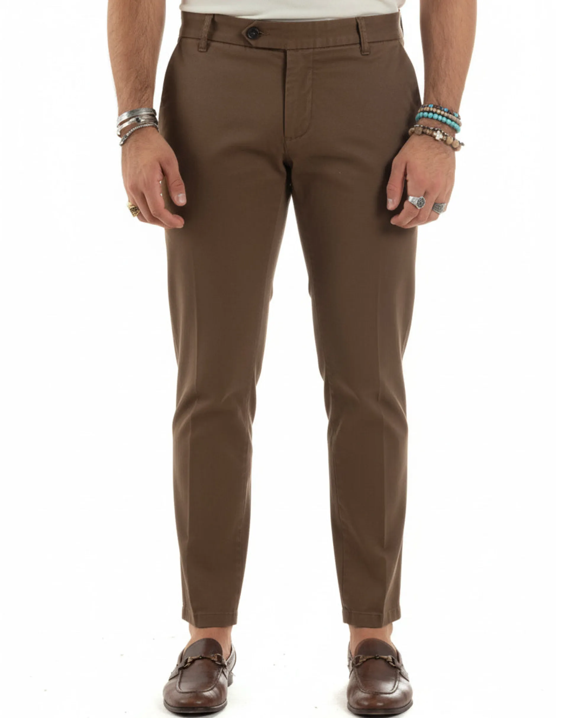 Pantaloni uomo chino abbottonatura allungata tasche america capri cotone estivo slim marrone BlackSunday P6488A