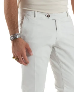 Pantaloni Uomo Chino Abbottonatura Allungata Tasche America Capri Cotone Estivo Slim Bianco BlackSunday P6235A