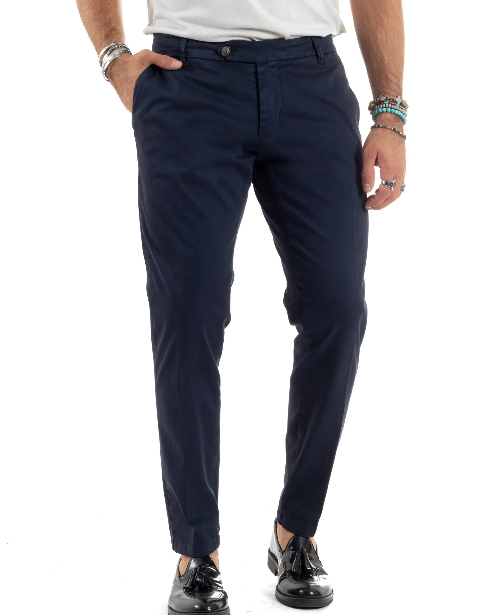 Pantaloni Uomo Chino Abbottonatura Allungata Tasche America Capri Cotone Estivo Slim Blu BlackSunday P6234A