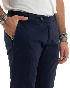 Pantaloni Uomo Chino Abbottonatura Allungata Tasche America Capri Cotone Estivo Slim Blu BlackSunday P6234A