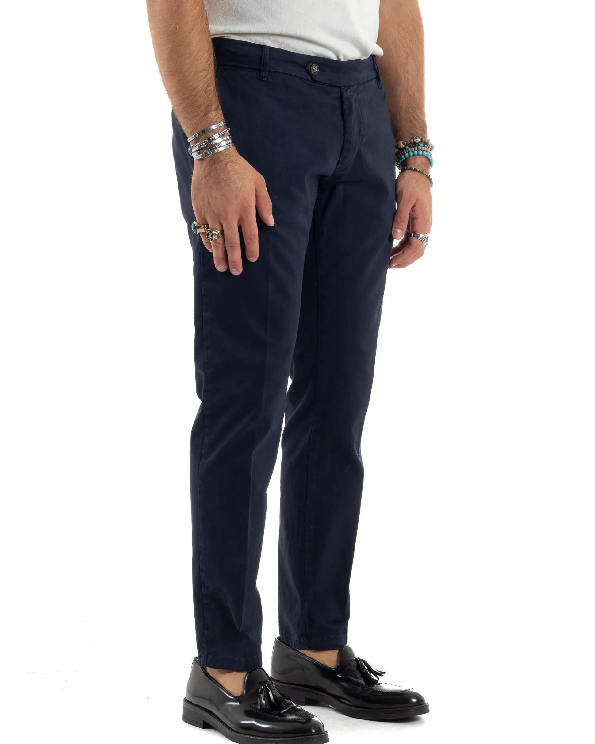 Pantaloni Uomo Chino Abbottonatura Allungata Tasche America Capri Cotone Estivo Slim Blu BlackSunday P6234A