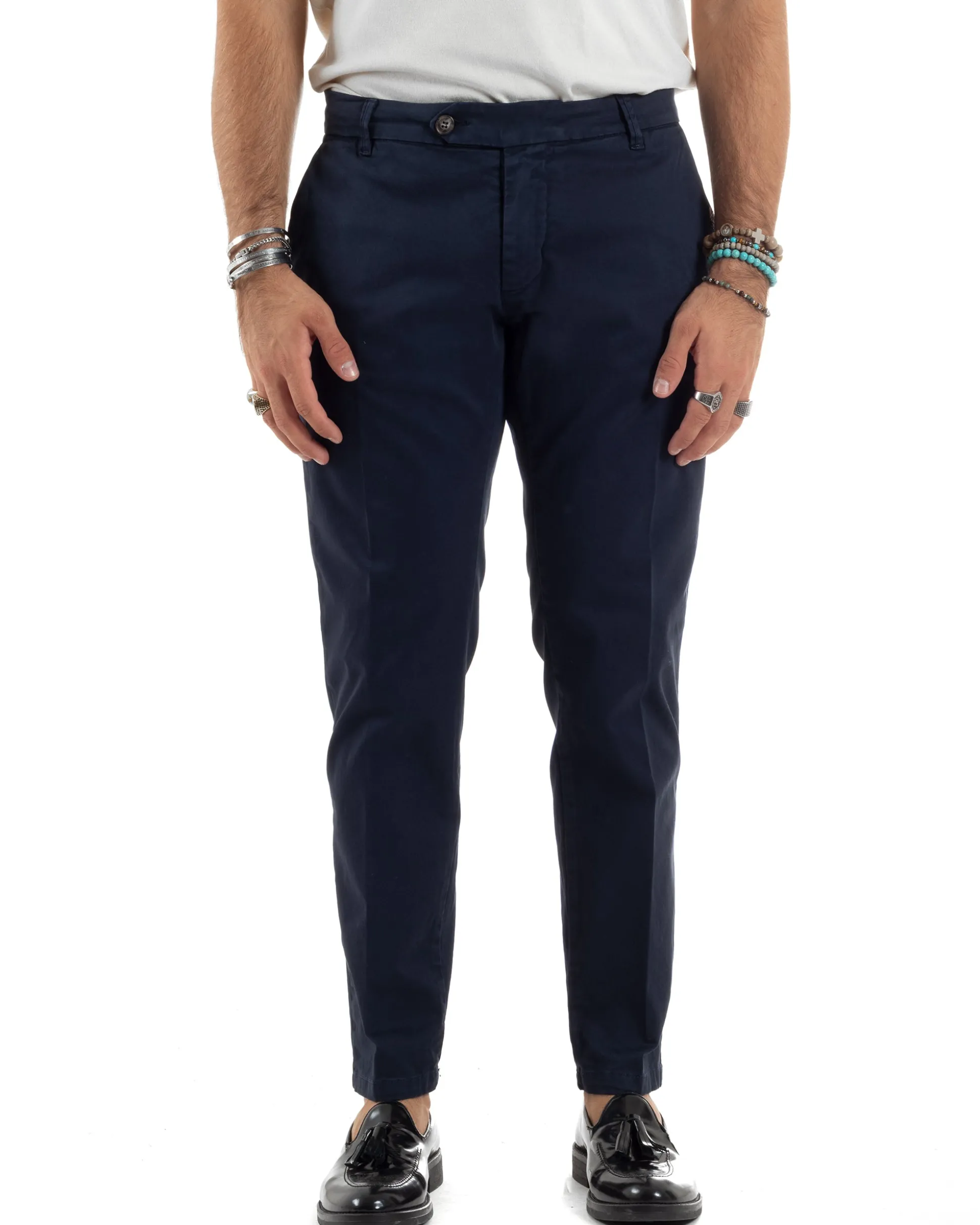 Pantaloni Uomo Chino Abbottonatura Allungata Tasche America Capri Cotone Estivo Slim Blu BlackSunday P6234A