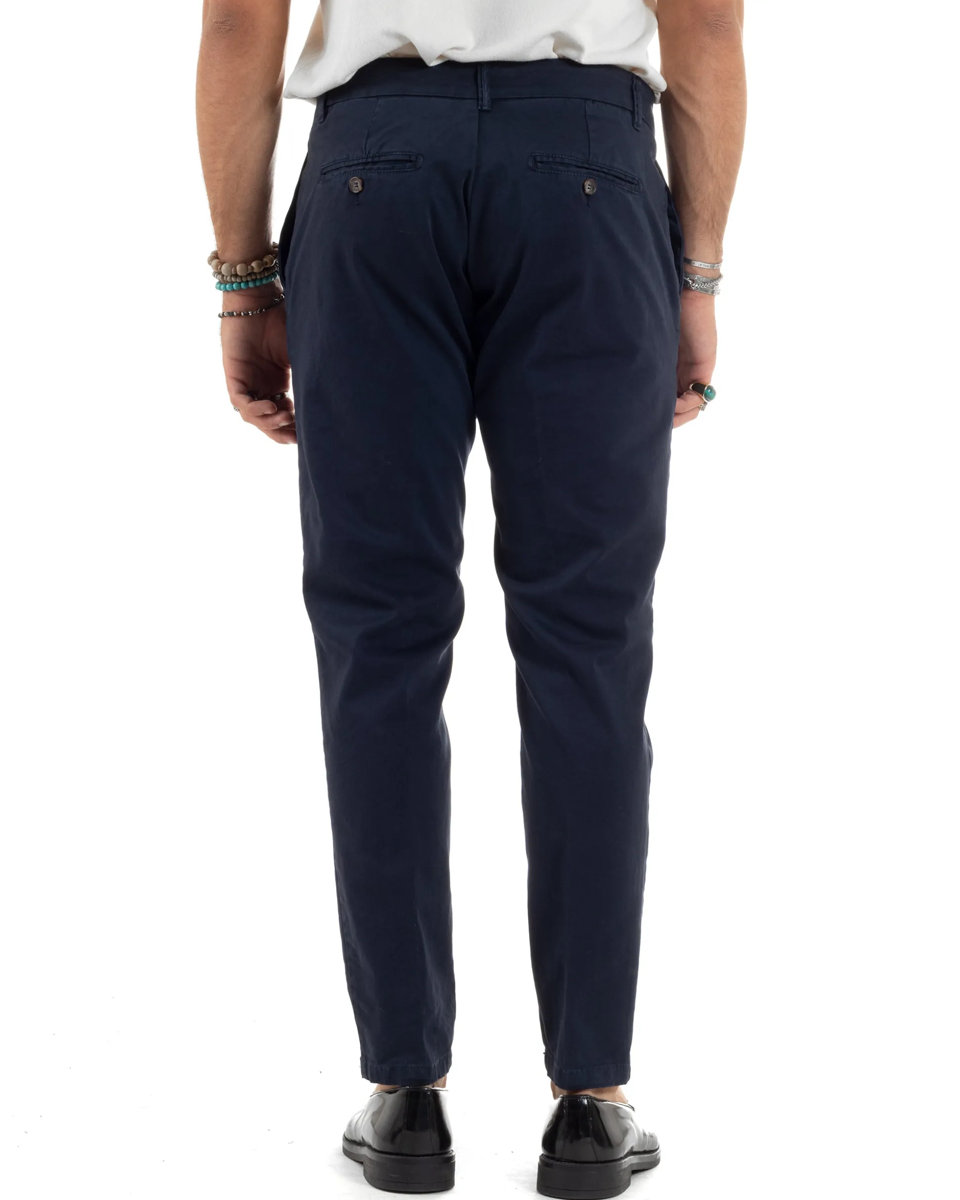 Pantaloni Uomo Chino Abbottonatura Allungata Tasche America Capri Cotone Estivo Slim Blu BlackSunday P6234A