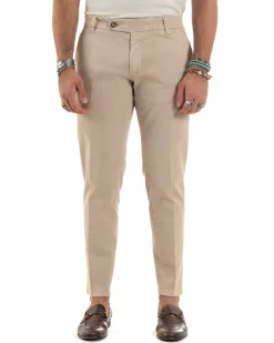 Pantaloni Uomo Chino Abbottonatura Allungata Tasche America Capri Cotone Estivo Slim Beige BlackSunday P6233A