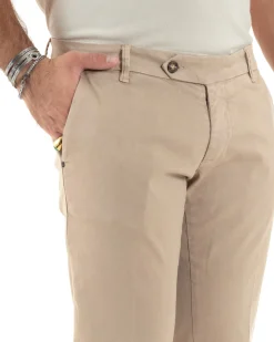 Pantaloni Uomo Chino Abbottonatura Allungata Tasche America Capri Cotone Estivo Slim Beige BlackSunday P6233A