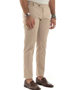 Pantaloni Uomo Chino Abbottonatura Allungata Tasche America Capri Cotone Estivo Slim Beige BlackSunday P6233A