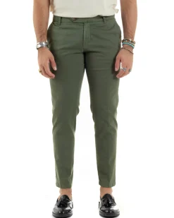 Pantaloni Uomo Chino Abbottonatura Allungata Tasche America Capri Cotone Estivo Slim Verde BlackSunday P6232A