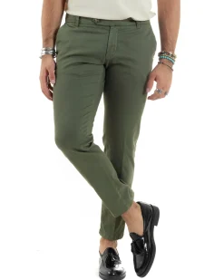 Pantaloni Uomo Chino Abbottonatura Allungata Tasche America Capri Cotone Estivo Slim Verde BlackSunday P6232A