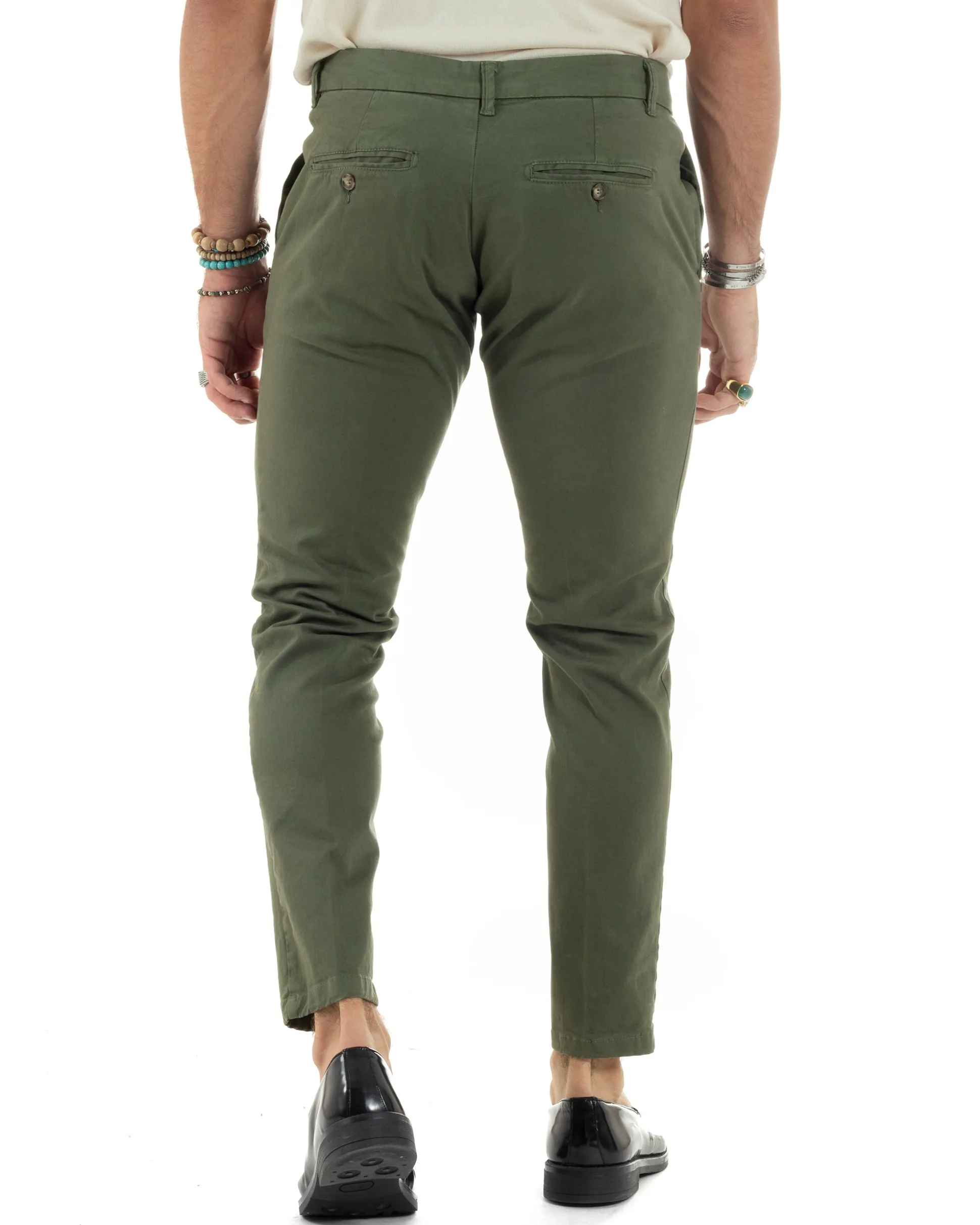 Pantaloni Uomo Chino Abbottonatura Allungata Tasche America Capri Cotone Estivo Slim Verde BlackSunday P6232A