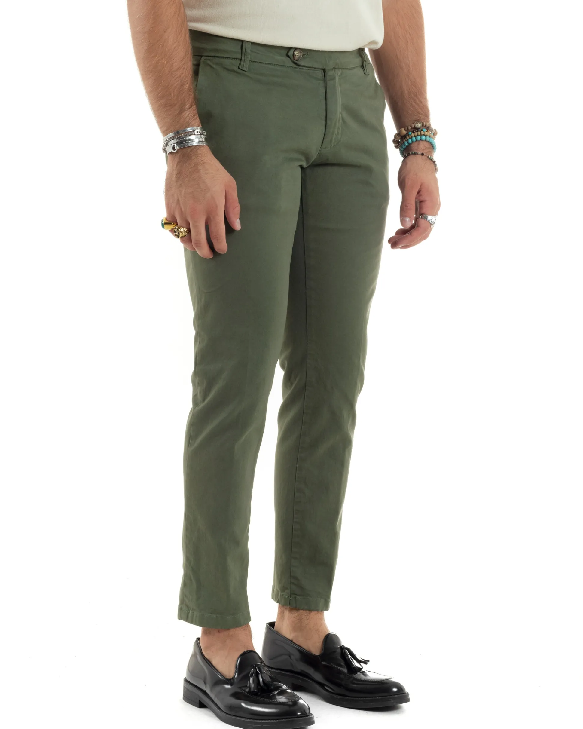 Pantaloni Uomo Chino Abbottonatura Allungata Tasche America Capri Cotone Estivo Slim Verde BlackSunday P6232A