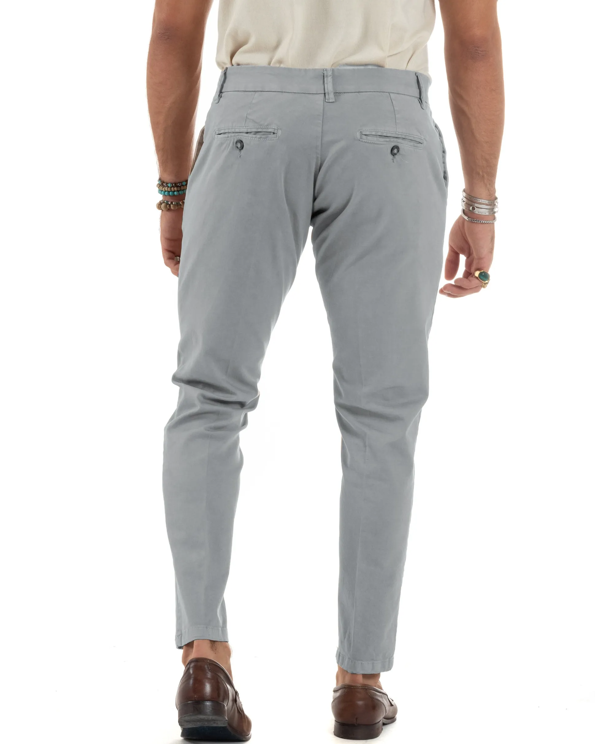 Pantaloni Uomo Chino Abbottonatura Allungata Tasche America Capri Cotone Estivo Slim Grigio BlackSunday P6231A