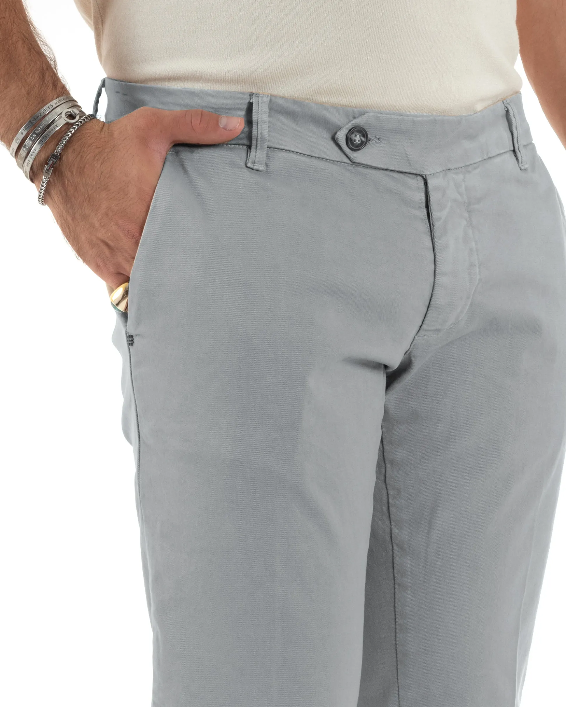 Pantaloni Uomo Chino Abbottonatura Allungata Tasche America Capri Cotone Estivo Slim Grigio BlackSunday P6231A