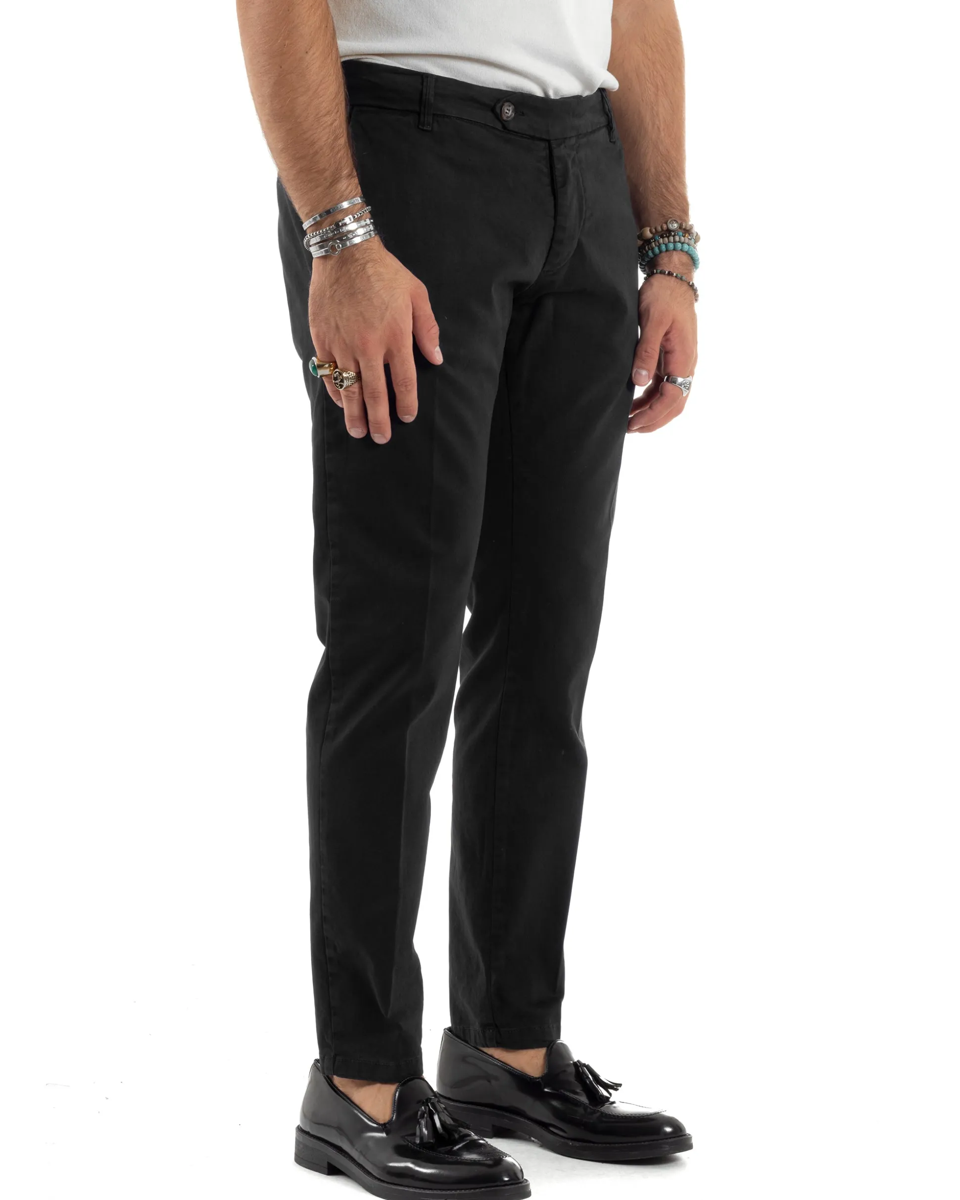 Pantaloni Uomo Chino Abbottonatura Allungata Tasche America Capri Cotone Estivo Slim Nero BlackSunday P6230A