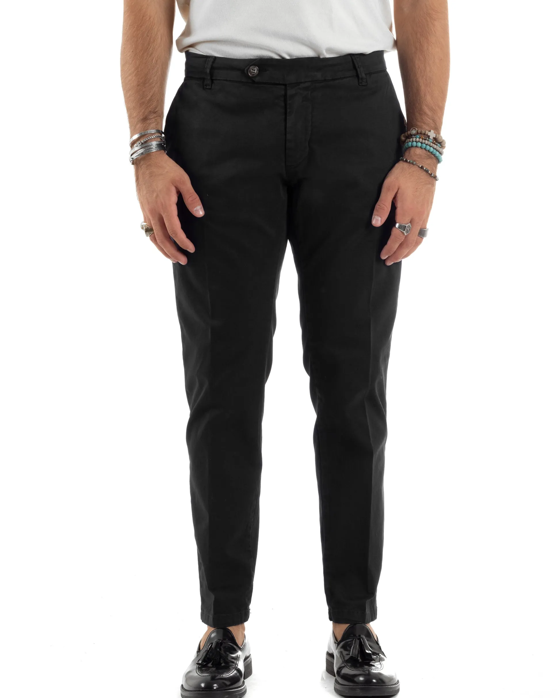 Pantaloni Uomo Chino Abbottonatura Allungata Tasche America Capri Cotone Estivo Slim Nero BlackSunday P6230A