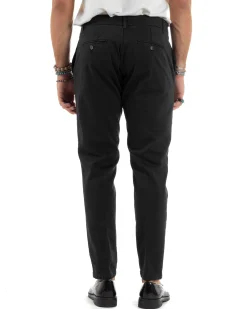 Pantaloni Uomo Chino Abbottonatura Allungata Tasche America Capri Cotone Estivo Slim Nero BlackSunday P6230A