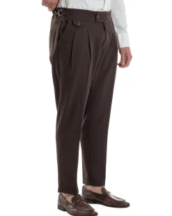 Pantaloni Uomo Classico Con Pinces Vita Alta Gurkha Pants Abbottonatura Allungata Fibbie Viscosa Estivo Casual Marrone GIOSAL-P6273A