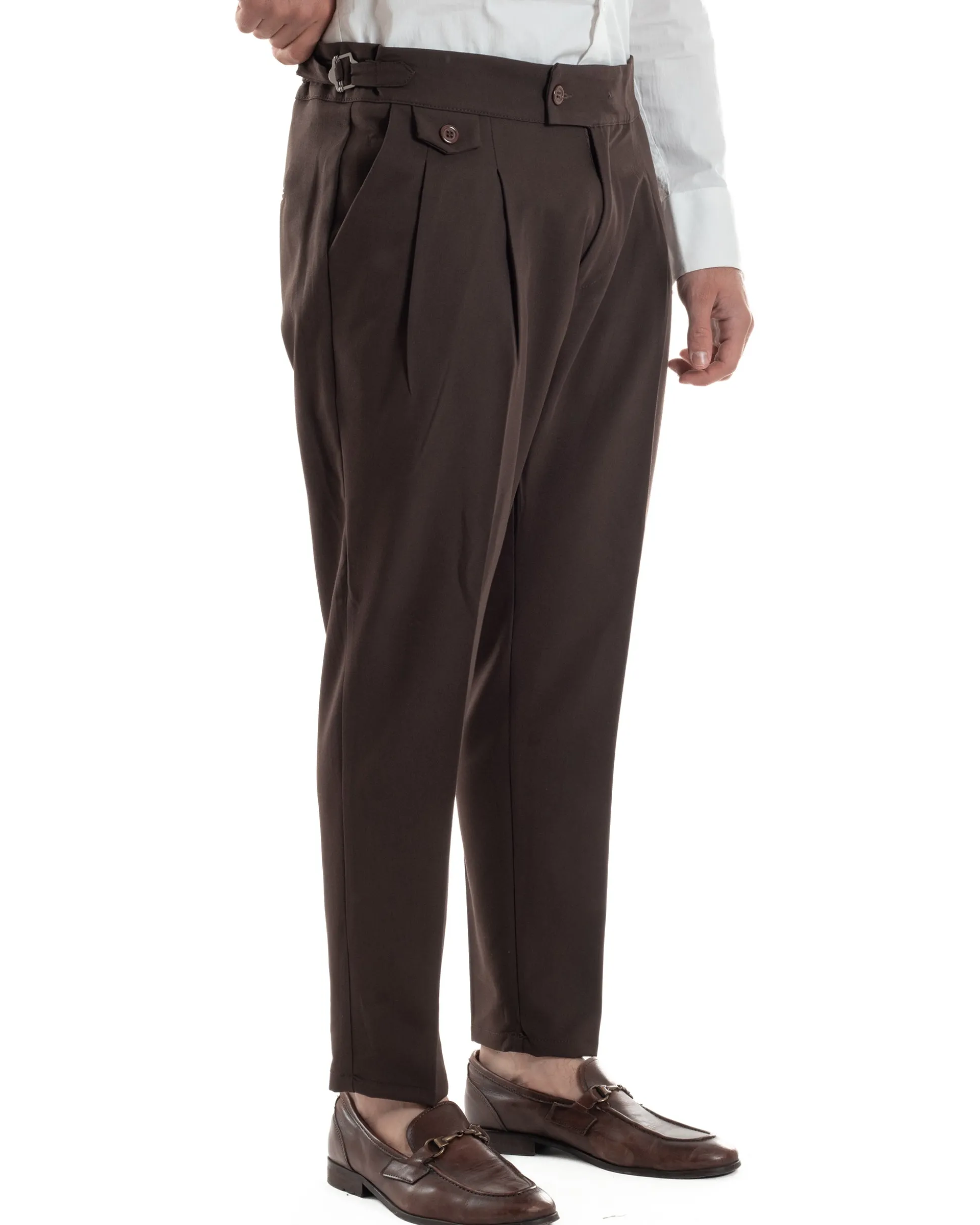 Pantaloni Uomo Classico Con Pinces Vita Alta Gurkha Pants Abbottonatura Allungata Fibbie Viscosa Estivo Casual Marrone GIOSAL-P6273A
