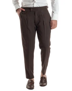 Pantaloni Uomo Classico Con Pinces Vita Alta Gurkha Pants Abbottonatura Allungata Fibbie Viscosa Estivo Casual Marrone GIOSAL-P6273A
