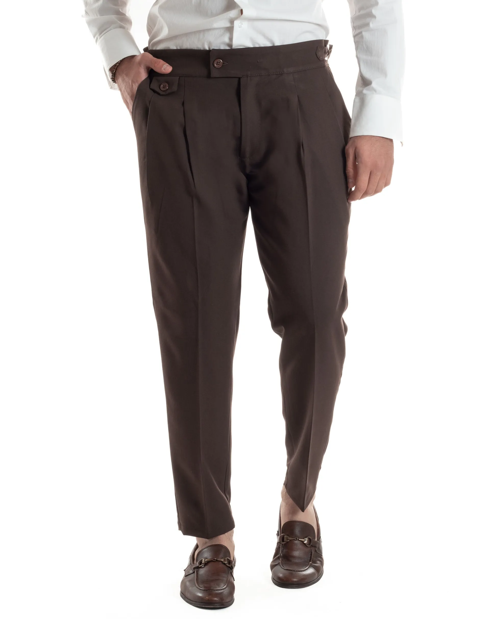 Pantaloni Uomo Classico Con Pinces Vita Alta Gurkha Pants Abbottonatura Allungata Fibbie Viscosa Estivo Casual Marrone GIOSAL-P6273A