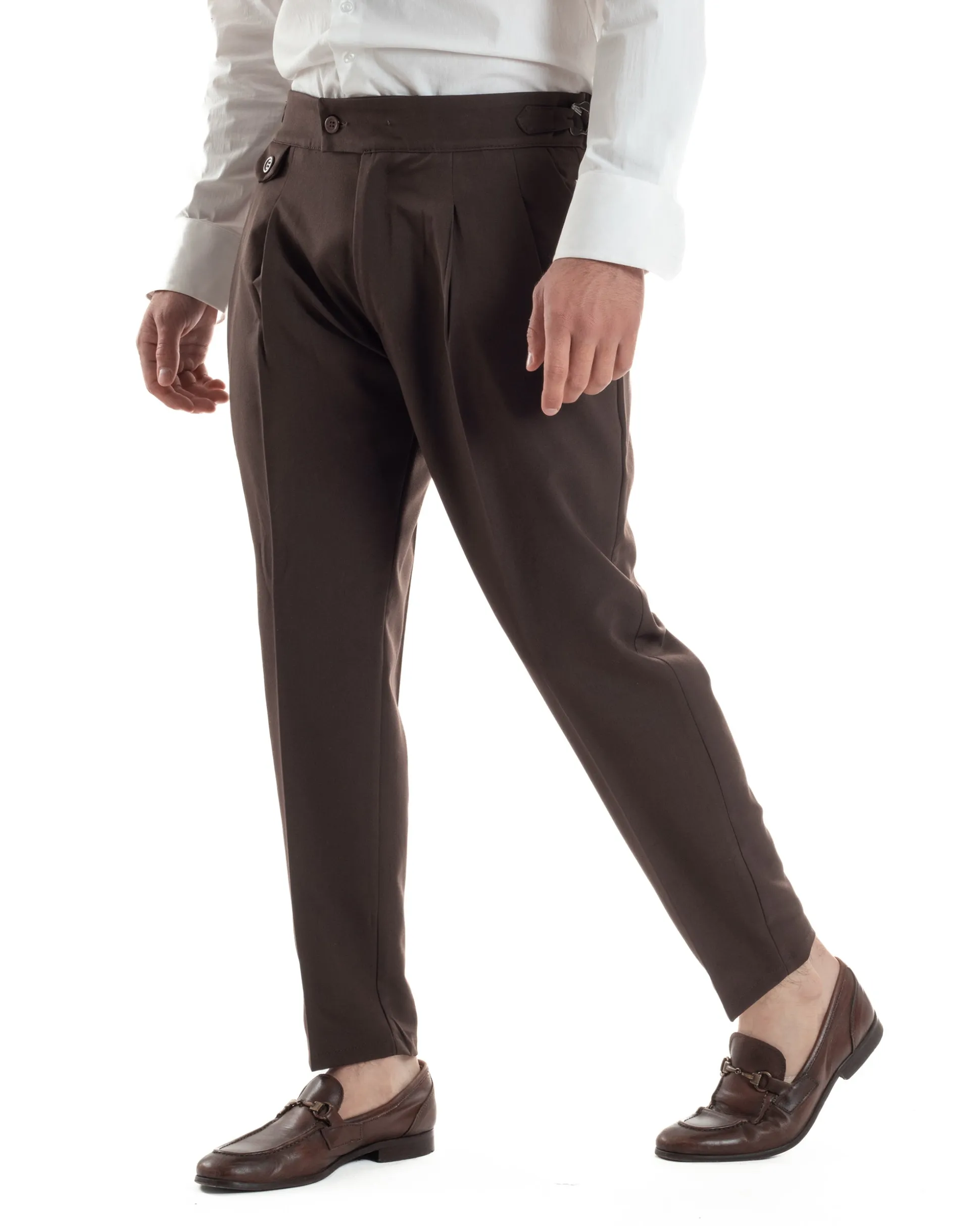 Pantaloni Uomo Classico Con Pinces Vita Alta Gurkha Pants Abbottonatura Allungata Fibbie Viscosa Estivo Casual Marrone GIOSAL-P6273A