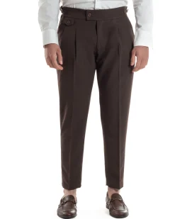 Pantaloni Uomo Classico Con Pinces Vita Alta Gurkha Pants Abbottonatura Allungata Fibbie Viscosa Estivo Casual Marrone GIOSAL-P6273A