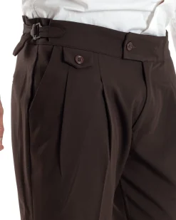 Pantaloni Uomo Classico Con Pinces Vita Alta Gurkha Pants Abbottonatura Allungata Fibbie Viscosa Estivo Casual Marrone GIOSAL-P6273A