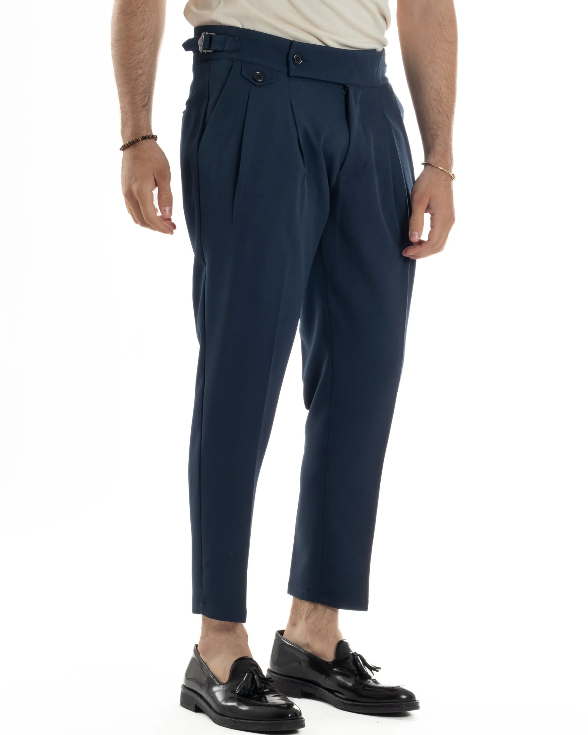 Pantaloni Uomo Classico Con Pinces Vita Alta Gurkha Pants Abbottonatura Allungata Fibbie Viscosa Estivo Casual Blu GIOSAL-P6272A