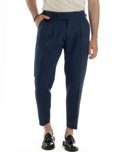 Pantaloni Uomo Classico Con Pinces Vita Alta Gurkha Pants Abbottonatura Allungata Fibbie Viscosa Estivo Casual Blu GIOSAL-P6272A