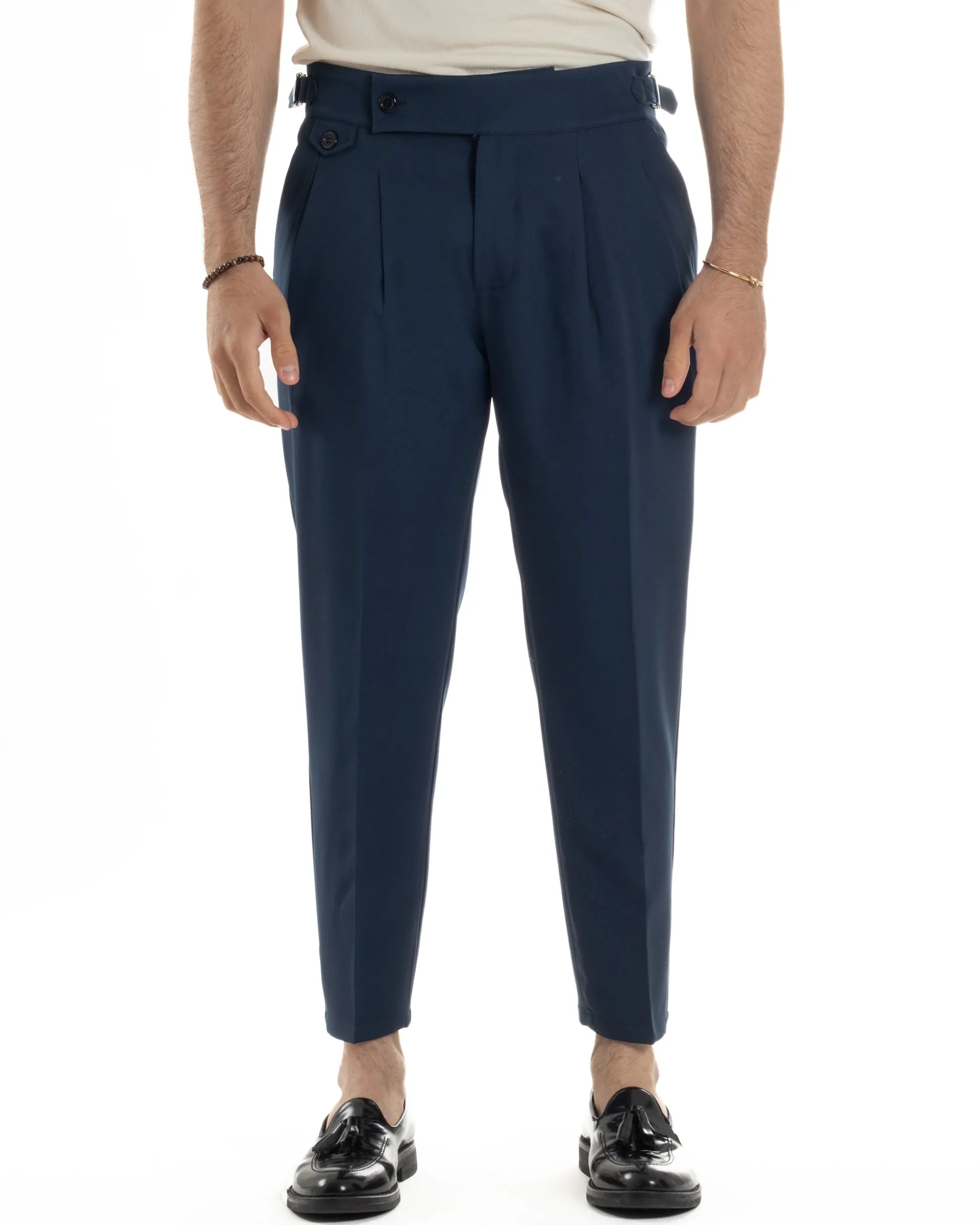 Pantaloni Uomo Classico Con Pinces Vita Alta Gurkha Pants Abbottonatura Allungata Fibbie Viscosa Estivo Casual Blu GIOSAL-P6272A