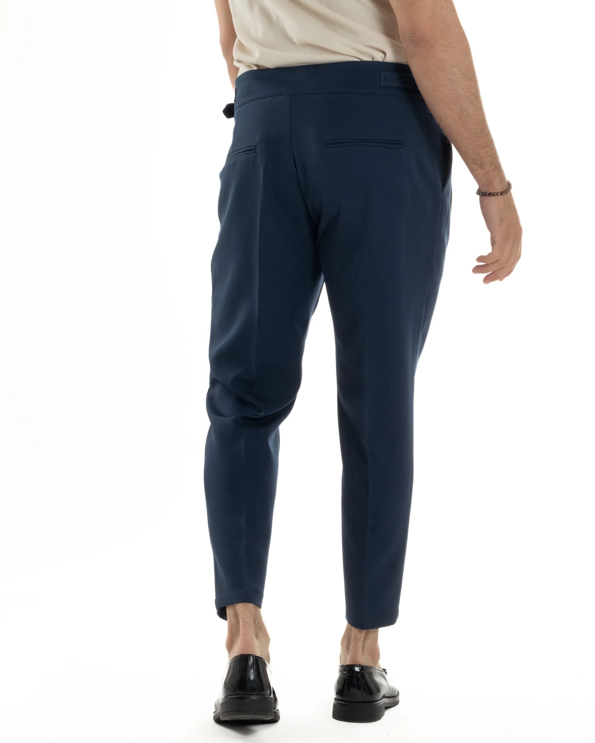 Pantaloni Uomo Classico Con Pinces Vita Alta Gurkha Pants Abbottonatura Allungata Fibbie Viscosa Estivo Casual Blu GIOSAL-P6272A
