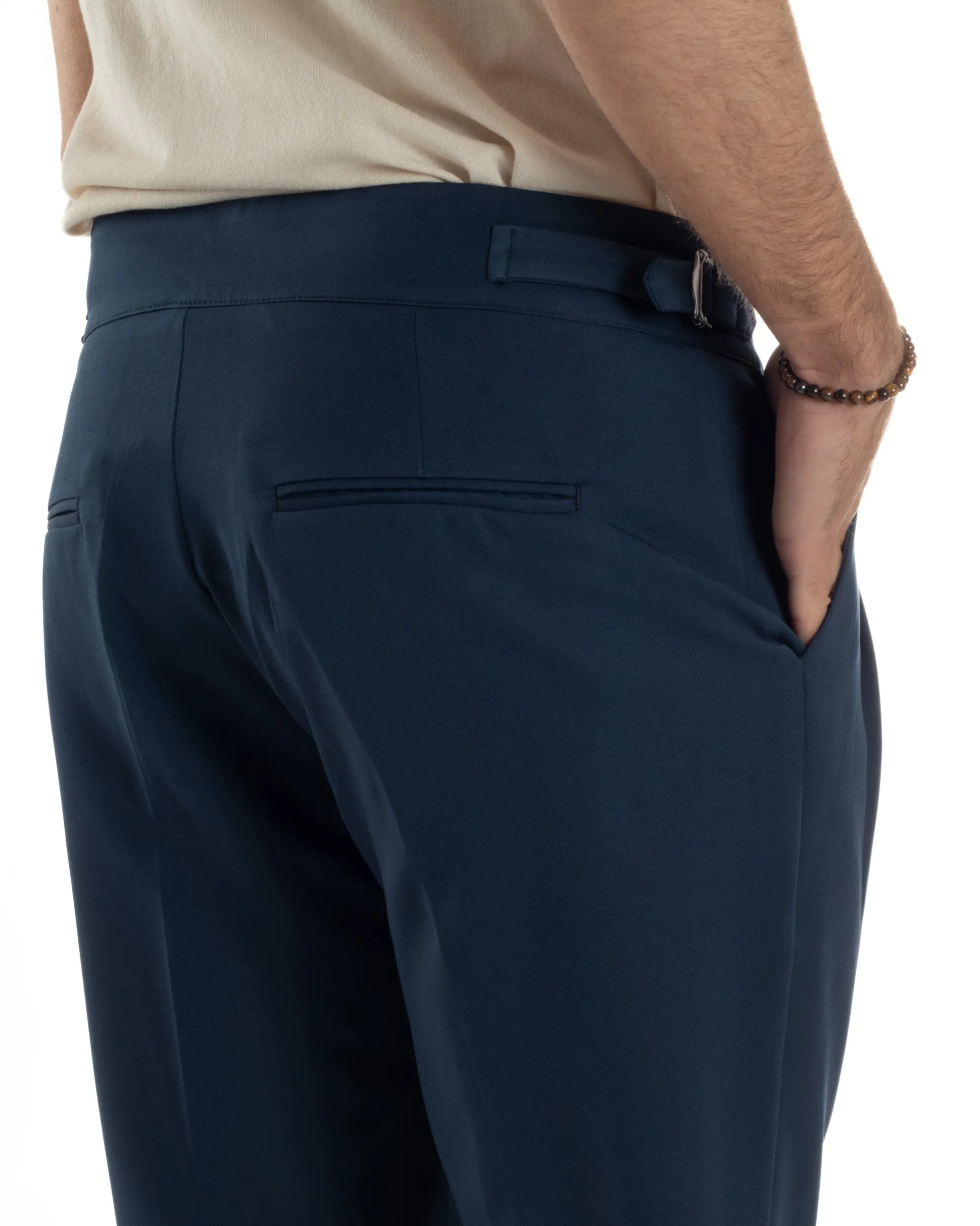 Pantaloni Uomo Classico Con Pinces Vita Alta Gurkha Pants Abbottonatura Allungata Fibbie Viscosa Estivo Casual Blu GIOSAL-P6272A