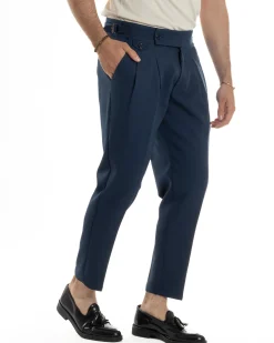 Pantaloni Uomo Classico Con Pinces Vita Alta Gurkha Pants Abbottonatura Allungata Fibbie Viscosa Estivo Casual Blu GIOSAL-P6272A