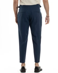 Pantaloni Uomo Classico Con Pinces Vita Alta Gurkha Pants Abbottonatura Allungata Fibbie Viscosa Estivo Casual Blu GIOSAL-P6272A