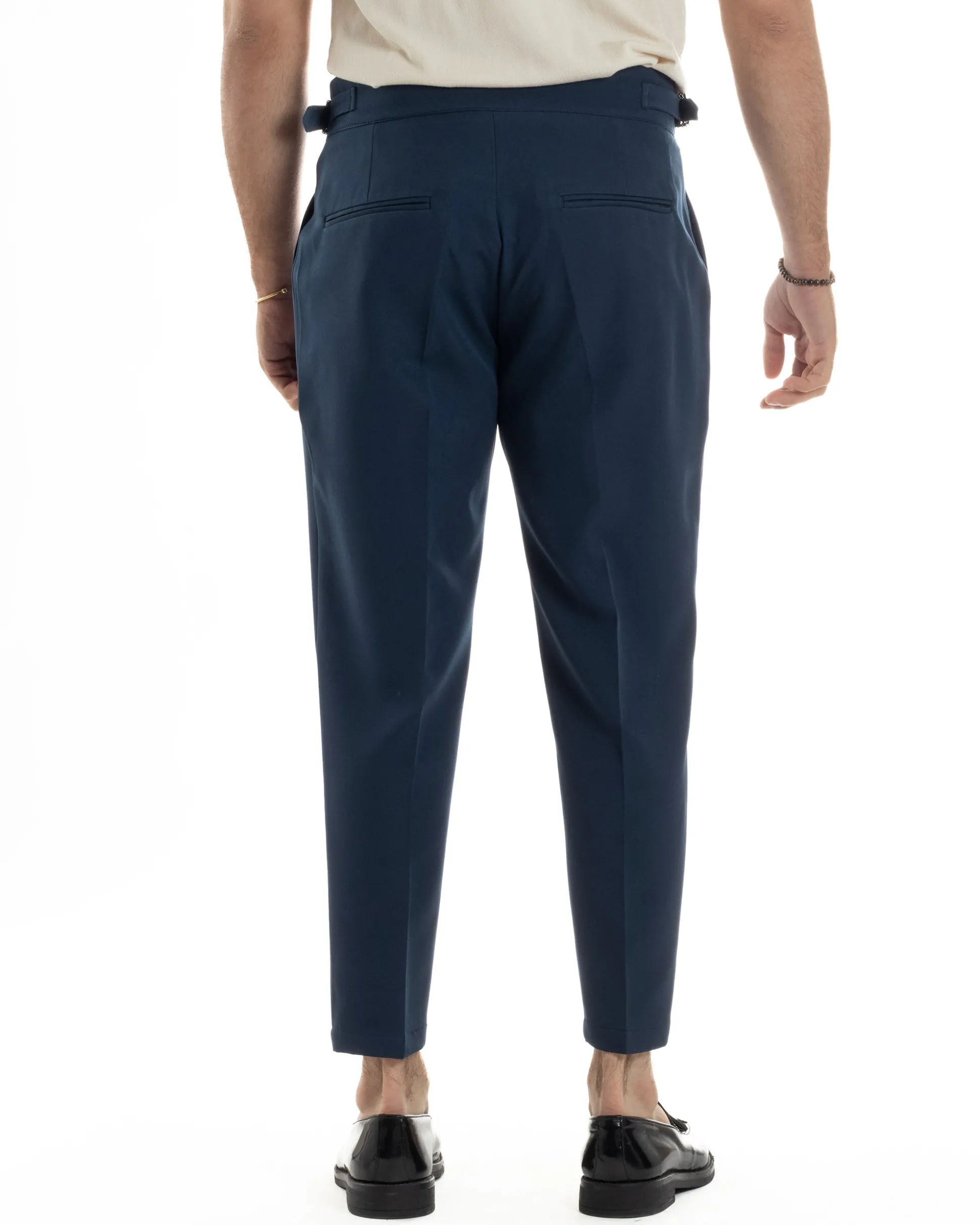 Pantaloni Uomo Classico Con Pinces Vita Alta Gurkha Pants Abbottonatura Allungata Fibbie Viscosa Estivo Casual Blu GIOSAL-P6272A