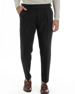 Pantaloni Uomo Classico Con Pinces Viscosa Vita Alta Gurkha Pants Fibbie Nero P6370A