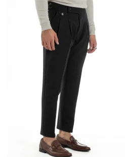 Pantaloni Uomo Classico Con Pinces Viscosa Vita Alta Gurkha Pants Fibbie Nero P6370A